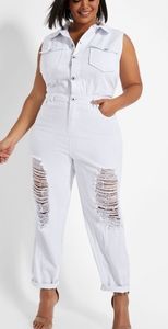 REDUCED!! Ashley Stewart Utility Jumpsuit White Denim 100% Cotton